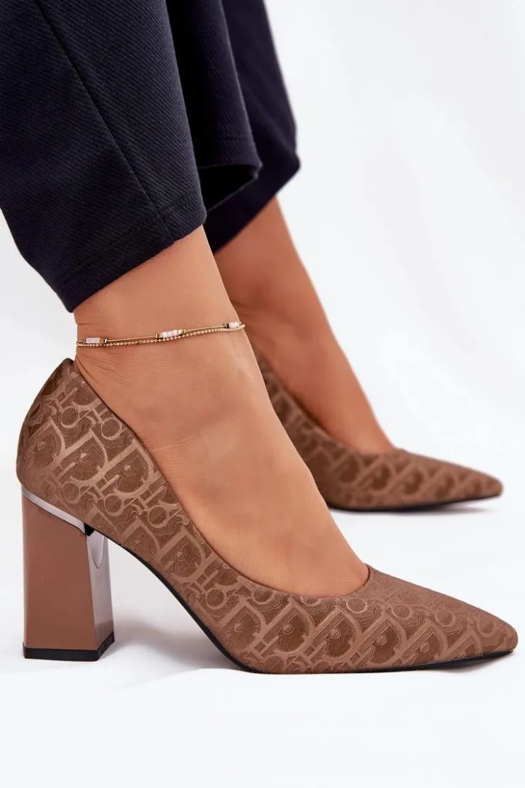 Buty damskie Vinceza Czółenka Na Słupku|Czółenka Klasyczne*Czółenka Damskie Na Słupku Z Ozdobnym Tłoczeniem Vinceza 62254 Brązowe