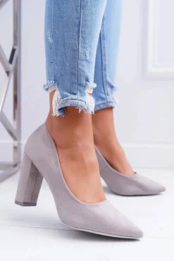 Damskie Boto Czółenka Damskie Na Słupku Zamszowe Szare Strawberry