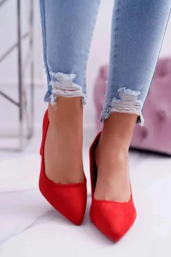 Damskie Boto Czółenka Damskie Na Słupku Zamszowe Czerwone Raspberry