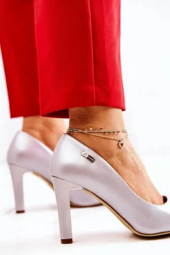 Damskie Buty Sergio Leone Czółenka Damskie Perłowe Na Słupku Sergio Leone Srebrne Campbell