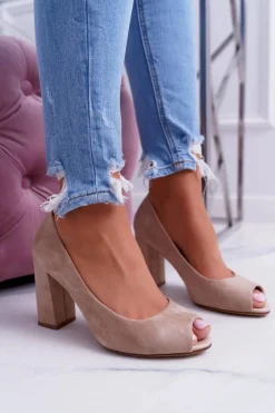 Buty Sergio Leone Czółenka Zamszowe|Czółenka Na Słupku*Czółenka Damskie Sergio Leone Odkryte Palce PB133 Beżowe Fani