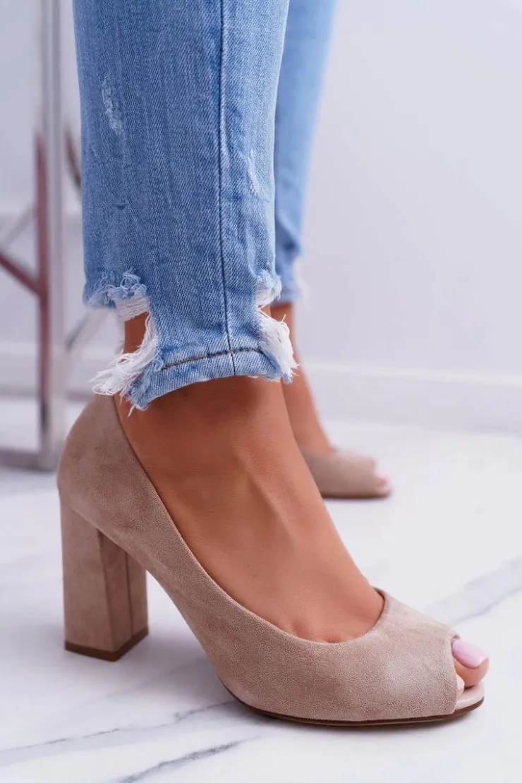 Buty Sergio Leone Czółenka Zamszowe|Czółenka Na Słupku*Czółenka Damskie Sergio Leone Odkryte Palce PB133 Beżowe Fani