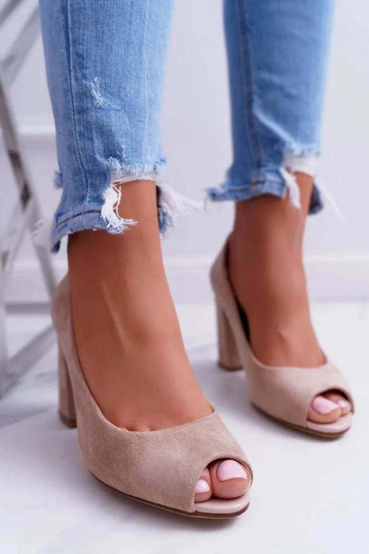 Buty Sergio Leone Czółenka Zamszowe|Czółenka Na Słupku*Czółenka Damskie Sergio Leone Odkryte Palce PB133 Beżowe Fani