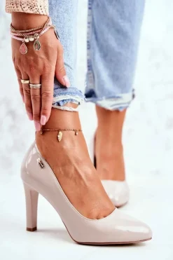 Buty Sergio Leone Czółenka Na Słupku|Czółenka Klasyczne*Czółenka Damskie Sergio Leone Na Słupku Lakier Jasnoszare Campbell