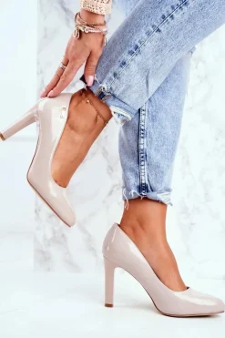 Buty Sergio Leone Czółenka Na Słupku|Czółenka Klasyczne*Czółenka Damskie Sergio Leone Na Słupku Lakier Jasnoszare Campbell