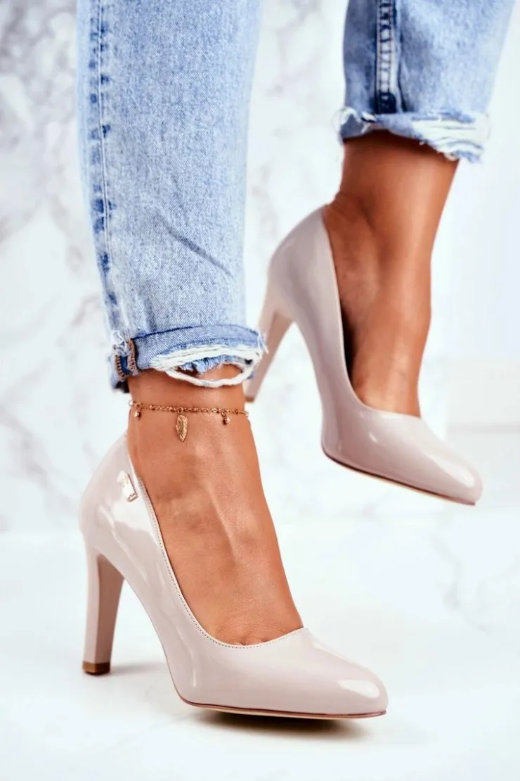 Buty Sergio Leone Czółenka Na Słupku|Czółenka Klasyczne*Czółenka Damskie Sergio Leone Na Słupku Lakier Jasnoszare Campbell