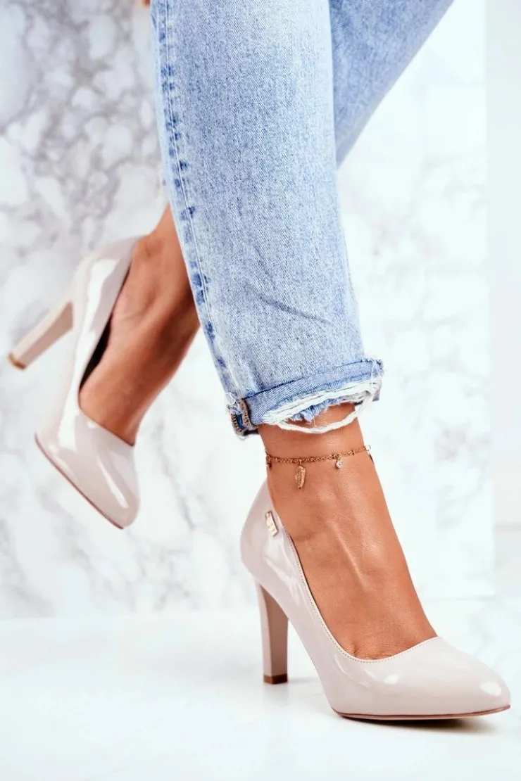 Buty Sergio Leone Czółenka Na Słupku|Czółenka Klasyczne*Czółenka Damskie Sergio Leone Na Słupku Lakier Jasnoszare Campbell