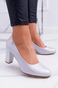 Buty Sergio Leone Czółenka Na Słupku|Czółenka Klasyczne*Czółenka Damskie Sergio Leone PB130 Srebrna Perła Amber