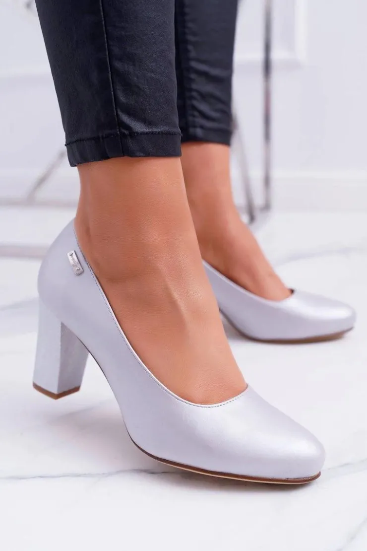 Buty Sergio Leone Czółenka Na Słupku|Czółenka Klasyczne*Czółenka Damskie Sergio Leone PB130 Srebrna Perła Amber