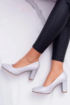 Buty Sergio Leone Czółenka Na Słupku|Czółenka Klasyczne*Czółenka Damskie Sergio Leone PB130 Srebrna Perła Amber