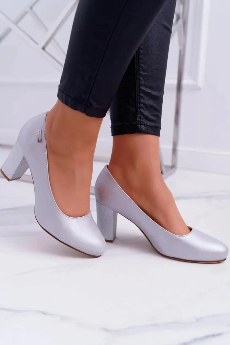 Buty Sergio Leone Czółenka Na Słupku|Czółenka Klasyczne*Czółenka Damskie Sergio Leone PB130 Srebrna Perła Amber