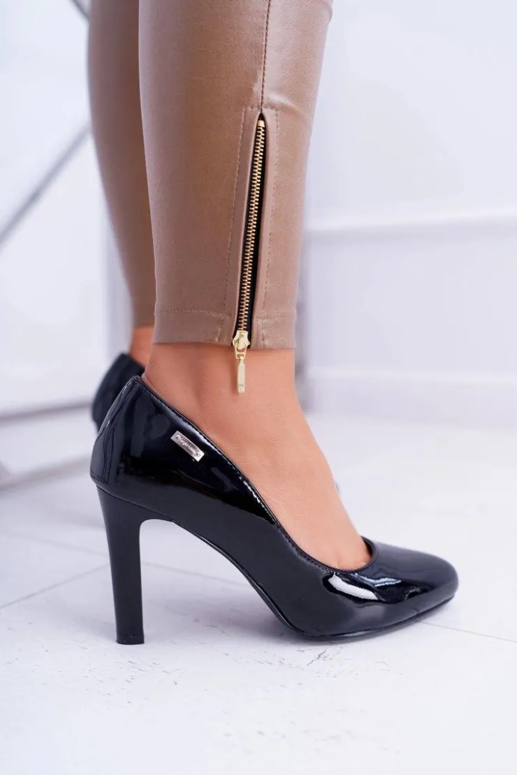 Buty Sergio Leone Czółenka Damskie Sergio Leone Lakierowane Na Słupku Czarne Campbell