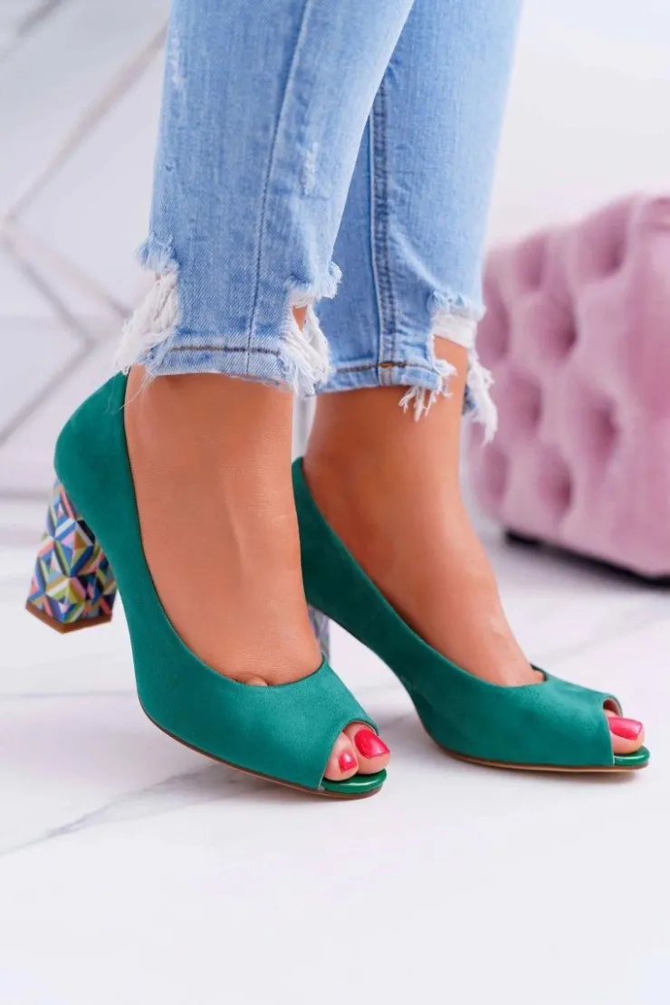 Buty Sergio Leone Czółenka Zamszowe|Czółenka Na Słupku*Czółenka Damskie Sergio Leone Odkryte Palce PB133 Zielone Fani