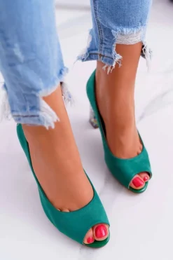 Buty Sergio Leone Czółenka Zamszowe|Czółenka Na Słupku*Czółenka Damskie Sergio Leone Odkryte Palce PB133 Zielone Fani