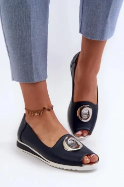 Damskie Boto Czółenka Damskie Z Ozdobą Eko Skórzane Granatowe Biolita