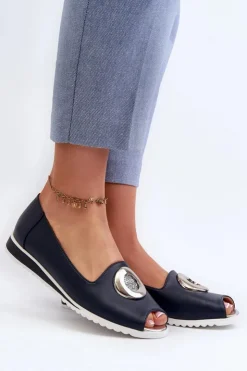 Damskie Boto Czółenka Damskie Z Ozdobą Eko Skórzane Granatowe Biolita