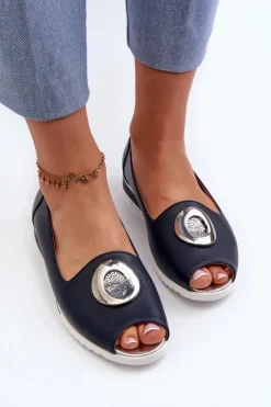 Damskie Boto Czółenka Damskie Z Ozdobą Eko Skórzane Granatowe Biolita