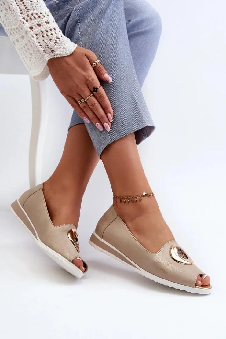 Outlet Boto Czółenka Damskie Z Ozdobą Eko Skórzane Złote Biolita Złoty