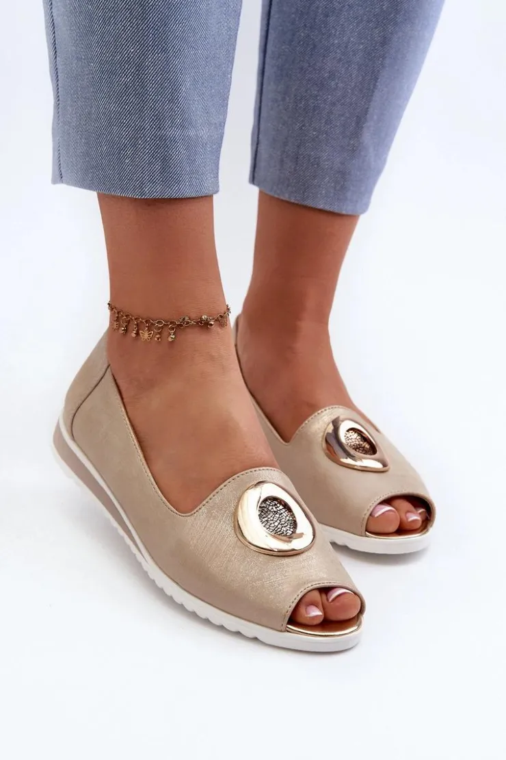 Outlet Boto Czółenka Damskie Z Ozdobą Eko Skórzane Złote Biolita Złoty