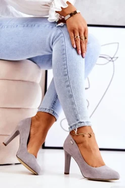 Buty Sergio Leone Czółenka Zamszowe|Czółenka Na Słupku*Czółenka Damskie Zamszowe Na Słupku Sergio Leone Szare Campbell