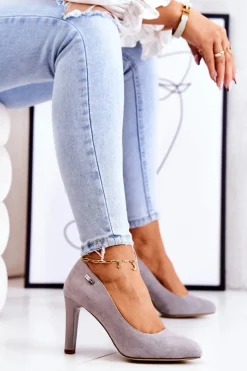 Buty Sergio Leone Czółenka Zamszowe|Czółenka Na Słupku*Czółenka Damskie Zamszowe Na Słupku Sergio Leone Szare Campbell