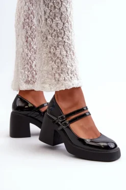 Damskie Boto Czółenka Na Masywnym Obcasie Lakierowane Czarne Halmina