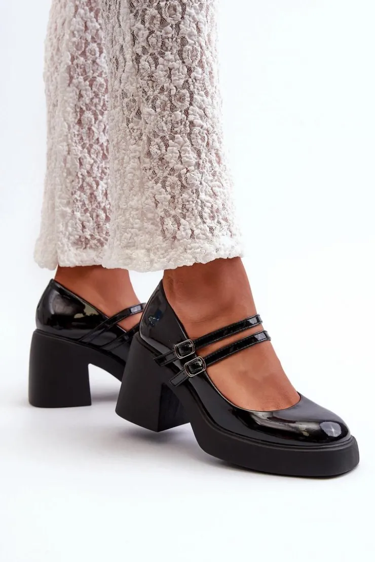 Damskie Boto Czółenka Na Masywnym Obcasie Lakierowane Czarne Halmina