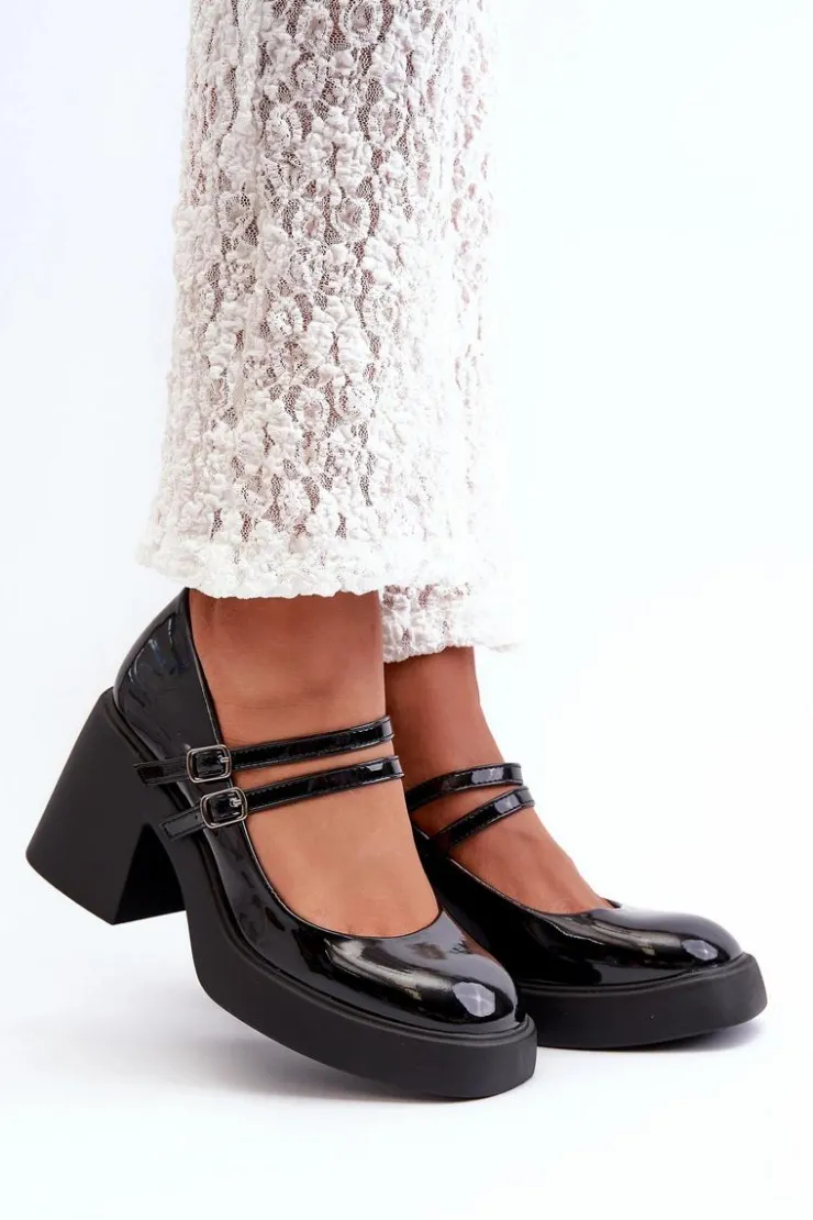 Damskie Boto Czółenka Na Masywnym Obcasie Lakierowane Czarne Halmina