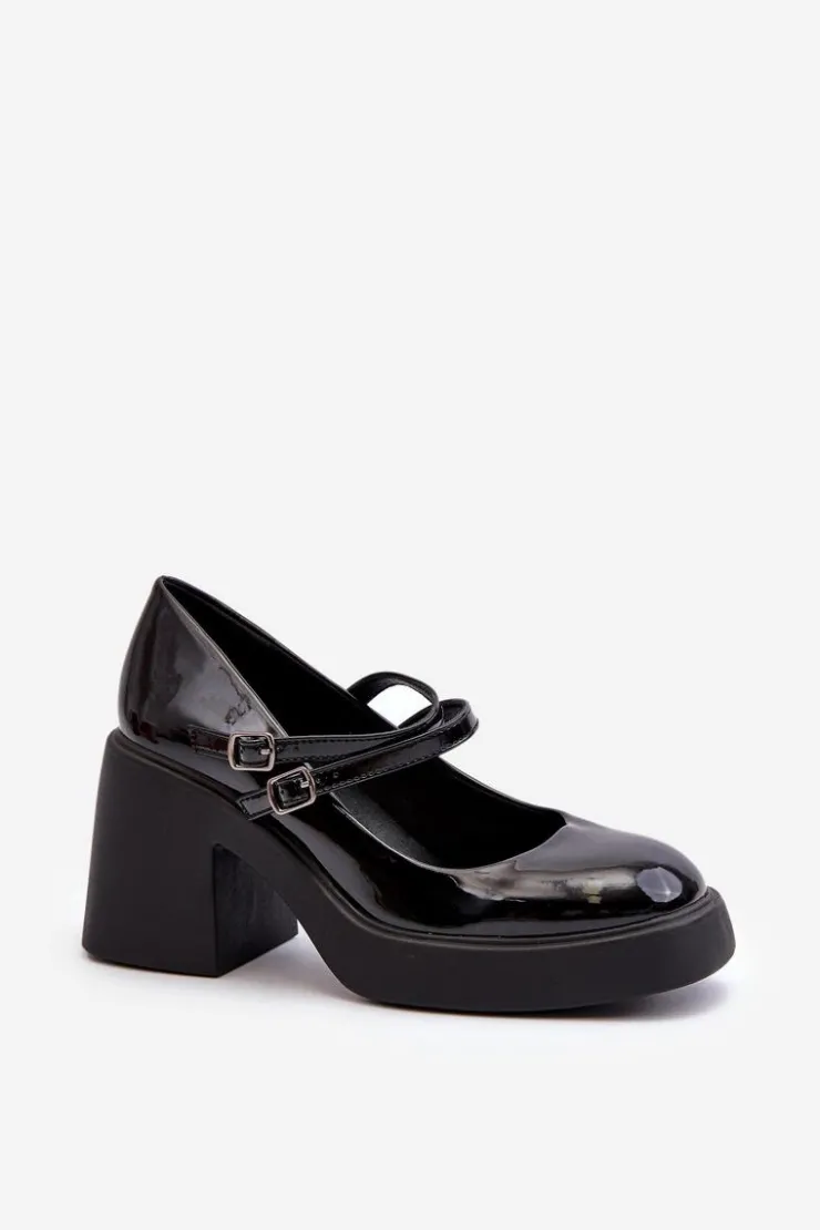 Damskie Boto Czółenka Na Masywnym Obcasie Lakierowane Czarne Halmina