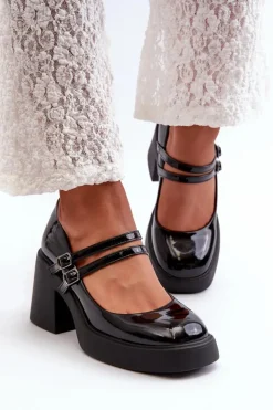 Damskie Boto Czółenka Na Masywnym Obcasie Lakierowane Czarne Halmina