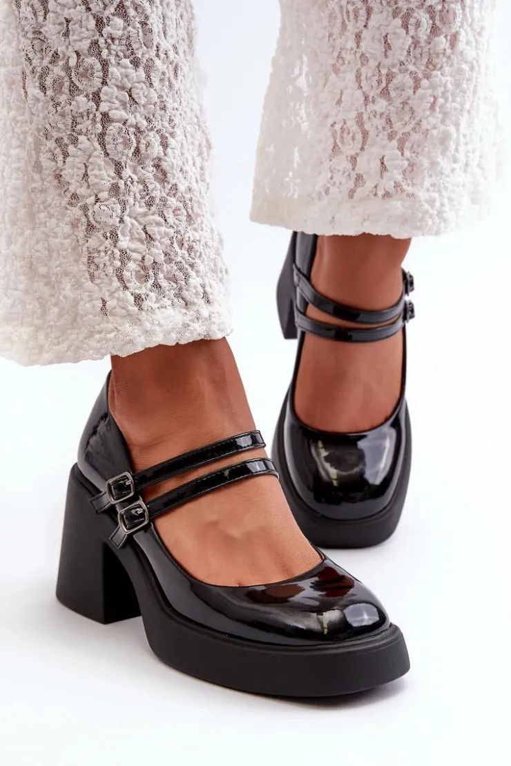 Damskie Boto Czółenka Na Masywnym Obcasie Lakierowane Czarne Halmina