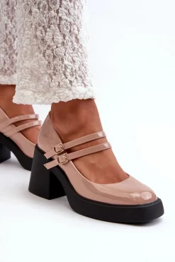 Outlet Boto Czółenka Na Masywnym Obcasie Lakierowane Ciemnobeżowe Halmina