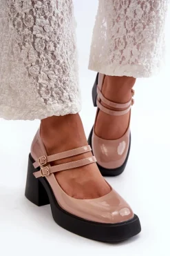 Outlet Boto Czółenka Na Masywnym Obcasie Lakierowane Ciemnobeżowe Halmina