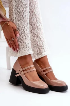 Outlet Boto Czółenka Na Masywnym Obcasie Lakierowane Ciemnobeżowe Halmina