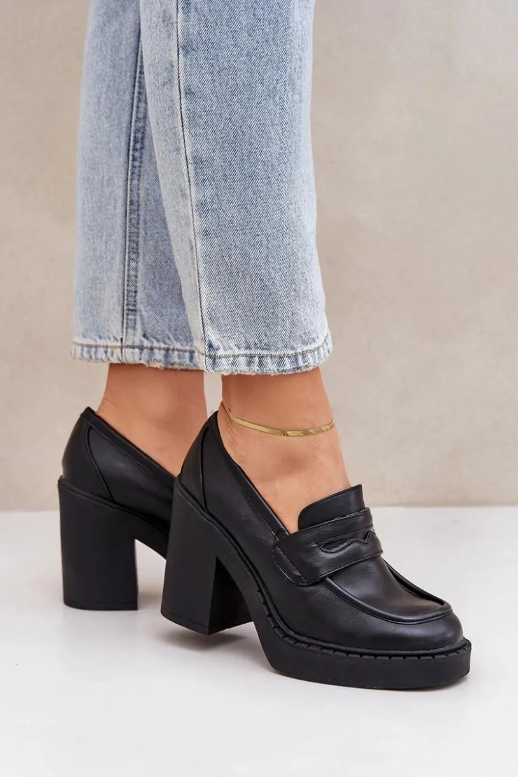 Damskie Boto Czółenka Na Masywnym Słupku Z Eko Skóry Czarne Eminza