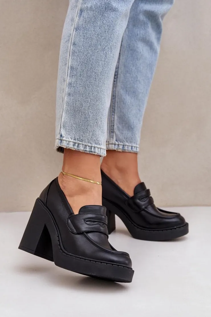 Damskie Boto Czółenka Na Masywnym Słupku Z Eko Skóry Czarne Eminza