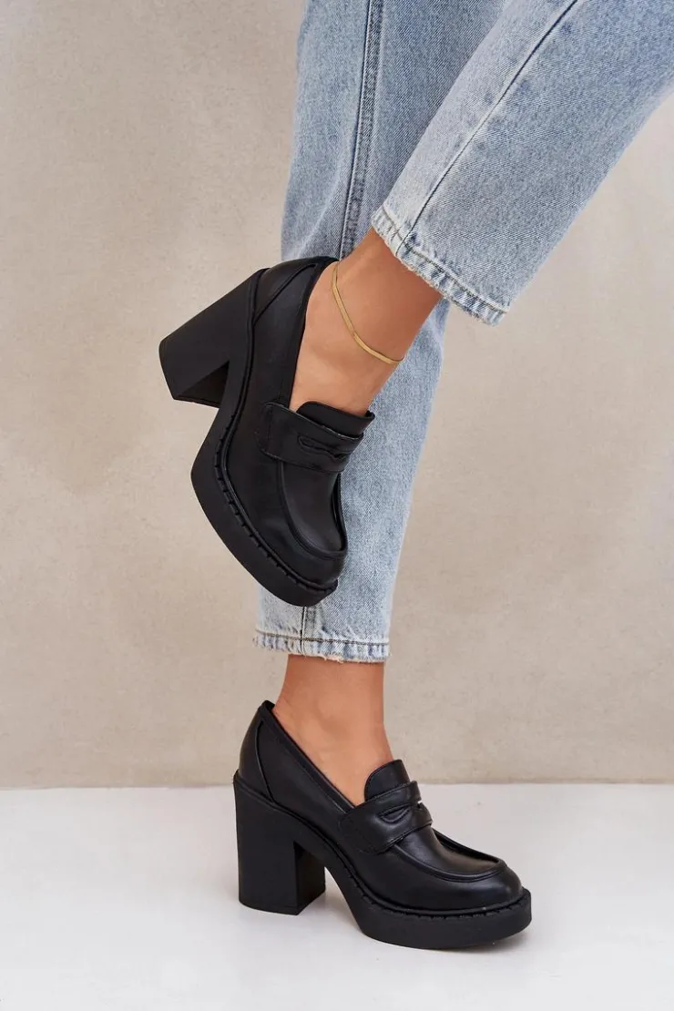 Damskie Boto Czółenka Na Masywnym Słupku Z Eko Skóry Czarne Eminza