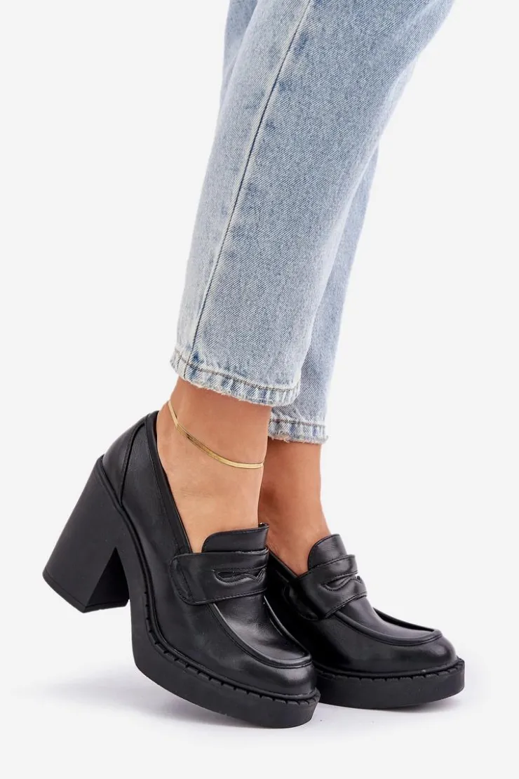 Damskie Boto Czółenka Na Masywnym Słupku Z Eko Skóry Czarne Eminza