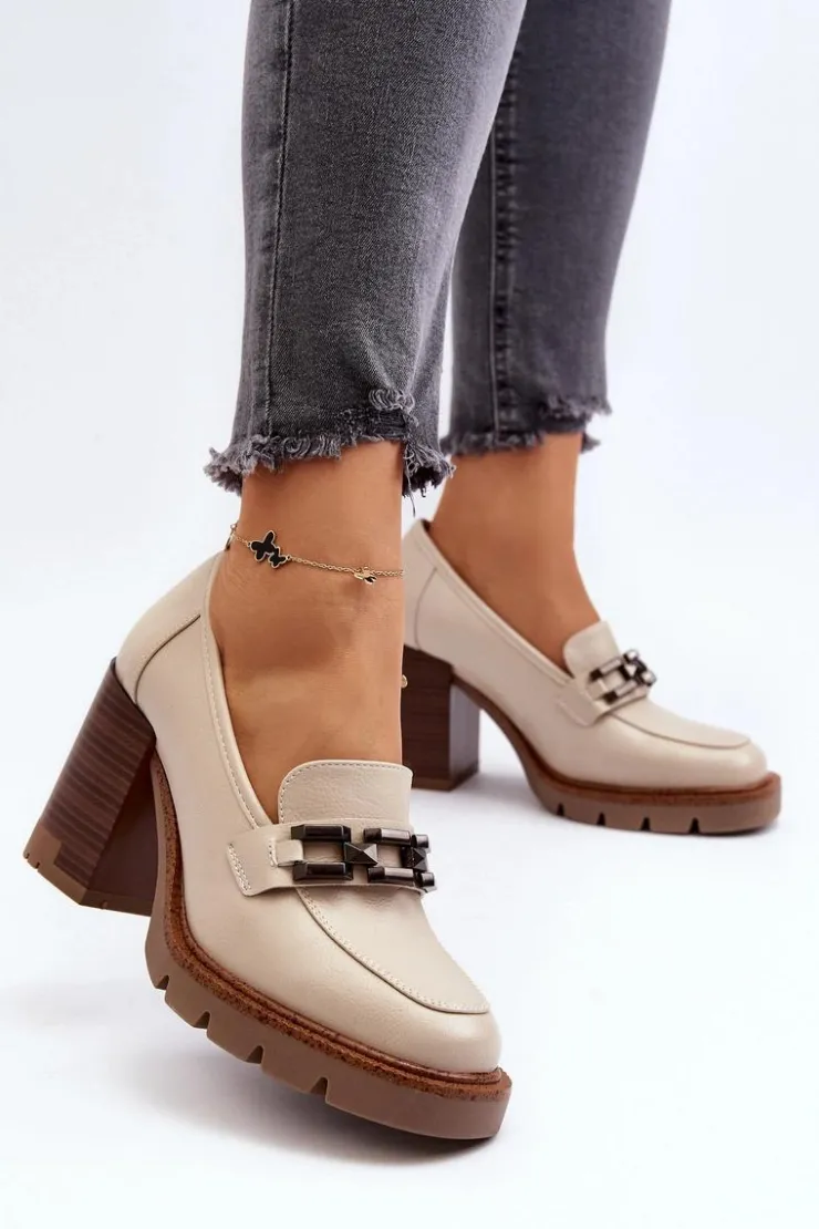 Damskie Buty damskie Vinceza Czółenka Na Masywnym Słupku Z Ozdobą Beżowe Oradna