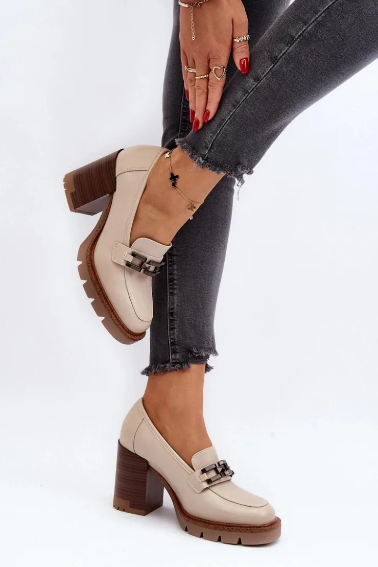 Damskie Buty damskie Vinceza Czółenka Na Masywnym Słupku Z Ozdobą Beżowe Oradna