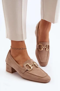 Damskie Boto Czółenka Na Niskim Obcasie Klocku Z Ozdobą Beżowe Dolvira