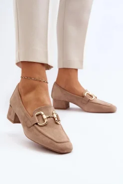 Damskie Boto Czółenka Na Niskim Obcasie Klocku Z Ozdobą Beżowe Dolvira