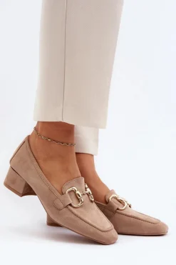 Damskie Boto Czółenka Na Niskim Obcasie Klocku Z Ozdobą Beżowe Dolvira