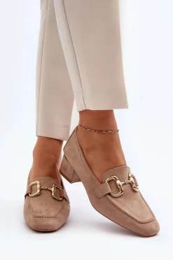 Damskie Boto Czółenka Na Niskim Obcasie Klocku Z Ozdobą Beżowe Dolvira