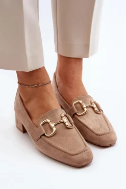 Damskie Boto Czółenka Na Niskim Obcasie Klocku Z Ozdobą Beżowe Dolvira