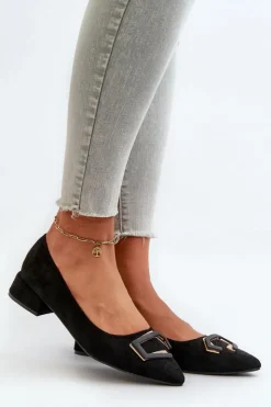 Damskie buty S.Barski Czółenka Klasyczne*Czółenka Na Niskim Obcasie Z Ozdobą Eko Zamszowe S.Barski KV27-034 Czarne Czarny