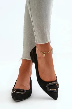 Damskie buty S.Barski Czółenka Klasyczne*Czółenka Na Niskim Obcasie Z Ozdobą Eko Zamszowe S.Barski KV27-034 Czarne Czarny