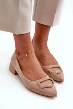 Best Damskie buty S.Barski Czółenka Na Niskim Obcasie Z Ozdobą Eko Zamszowe S.Barski KV27-034 Beżowe Beżowy