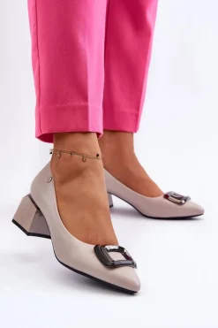 Damskie Buty damskie Vinceza Czółenka Na Obcasie Klocku Z Ozdobą Eko Skórzane Szare Sarala