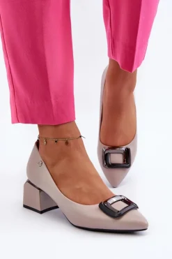 Damskie Buty damskie Vinceza Czółenka Na Obcasie Klocku Z Ozdobą Eko Skórzane Szare Sarala